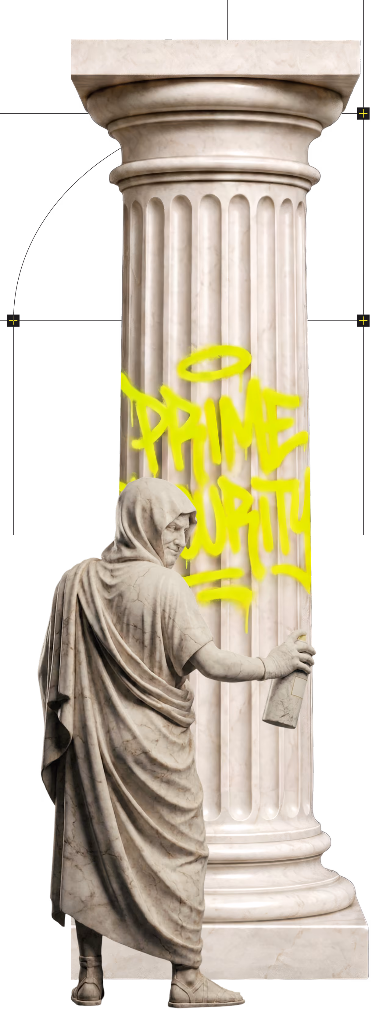 Marble statue in classical robes spray-painting yellow graffiti saying Prime Corruption on a marble column.